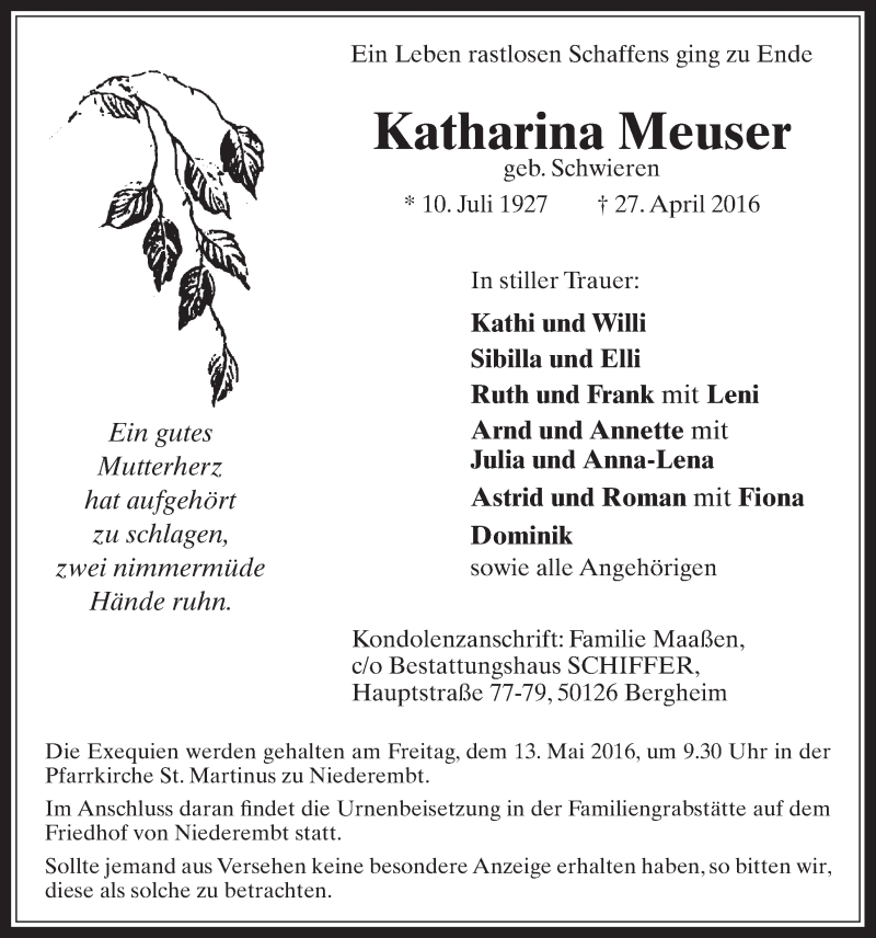  Traueranzeige für Katharina Meuser vom 11.05.2016 aus  Werbepost 