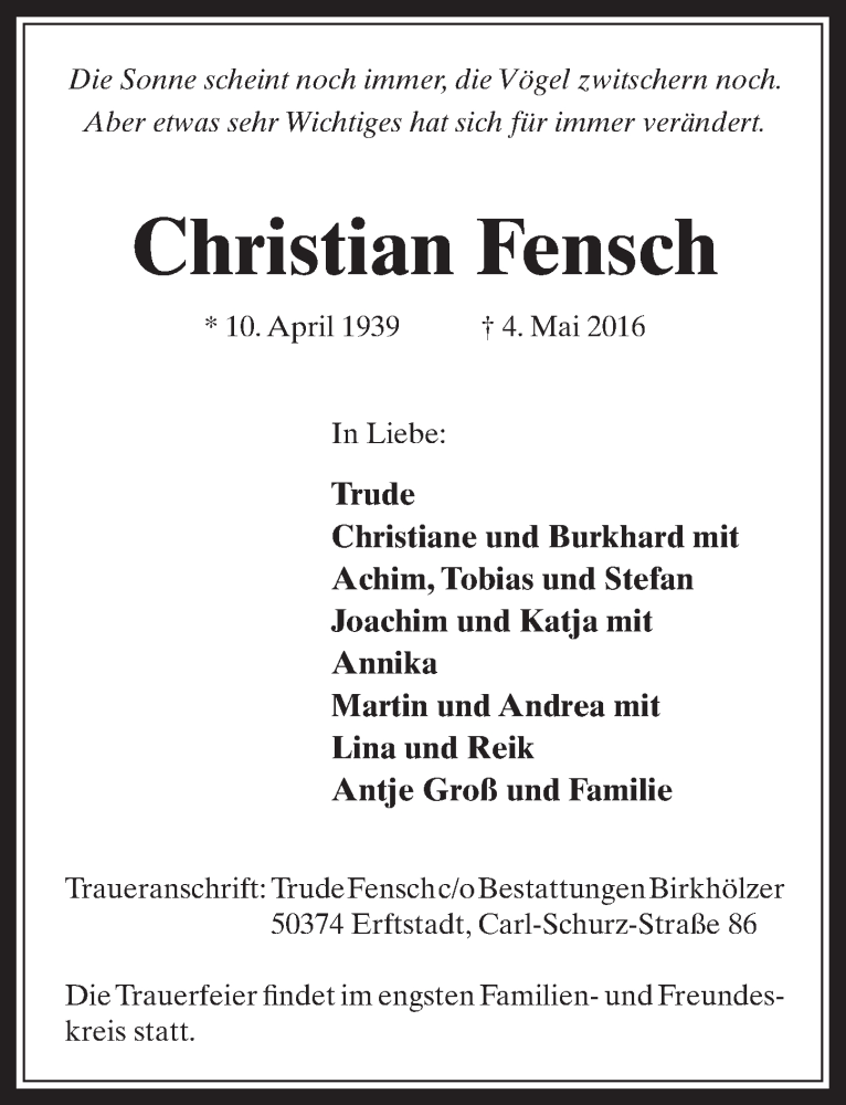  Traueranzeige für Christian Fensch vom 18.05.2016 aus  Werbepost 