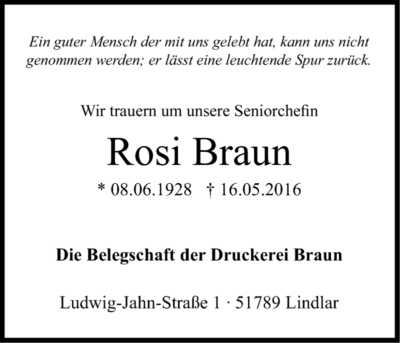  Traueranzeige für Rosi Braun vom 25.05.2016 aus Kölner Stadt-Anzeiger / Kölnische Rundschau / Express