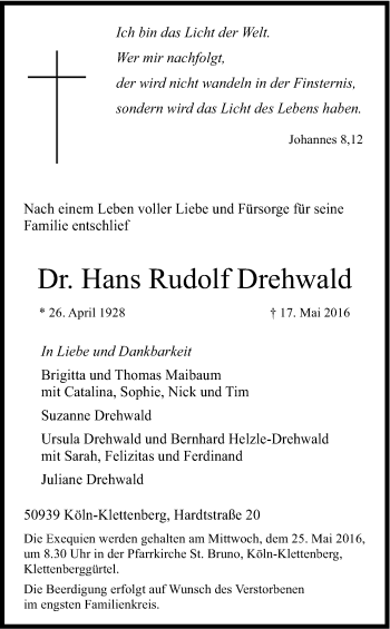 Anzeige von Hans Rudolf Drehwald von Kölner Stadt-Anzeiger / Kölnische Rundschau / Express
