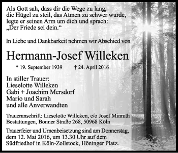Anzeige von Hermann-Josef Willeken von Kölner Stadt-Anzeiger / Kölnische Rundschau / Express