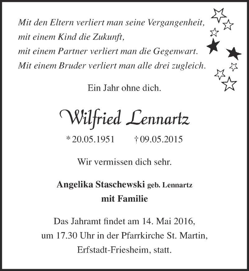  Traueranzeige für Wilfried Lannartz vom 07.05.2016 aus  Blickpunkt Euskirchen 