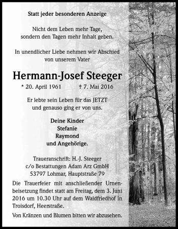 Anzeige von Hermann-Josef Steeger von Kölner Stadt-Anzeiger / Kölnische Rundschau / Express