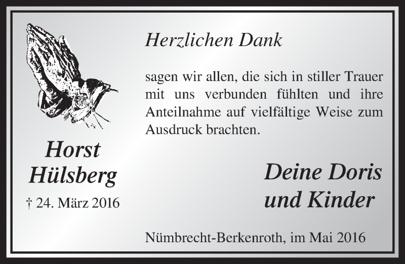  Traueranzeige für Horst Hülsberg vom 25.05.2016 aus  Lokalanzeiger 