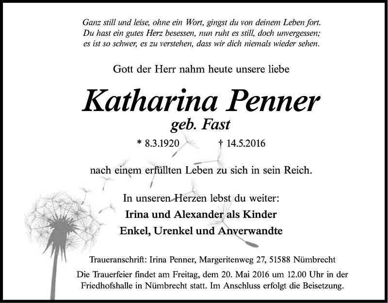  Traueranzeige für Katharina Penner vom 18.05.2016 aus Kölner Stadt-Anzeiger / Kölnische Rundschau / Express