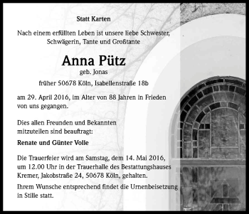 Anzeige von Anna Pütz von Kölner Stadt-Anzeiger / Kölnische Rundschau / Express