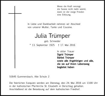 Anzeige von Julia Trümper von Kölner Stadt-Anzeiger / Kölnische Rundschau / Express