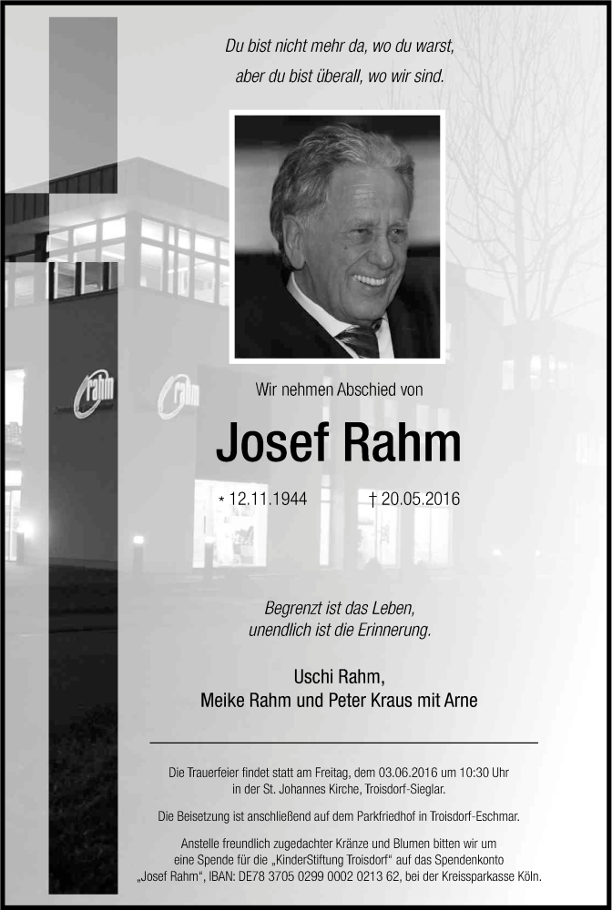  Traueranzeige für Josef Rahm vom 28.05.2016 aus Kölner Stadt-Anzeiger / Kölnische Rundschau / Express