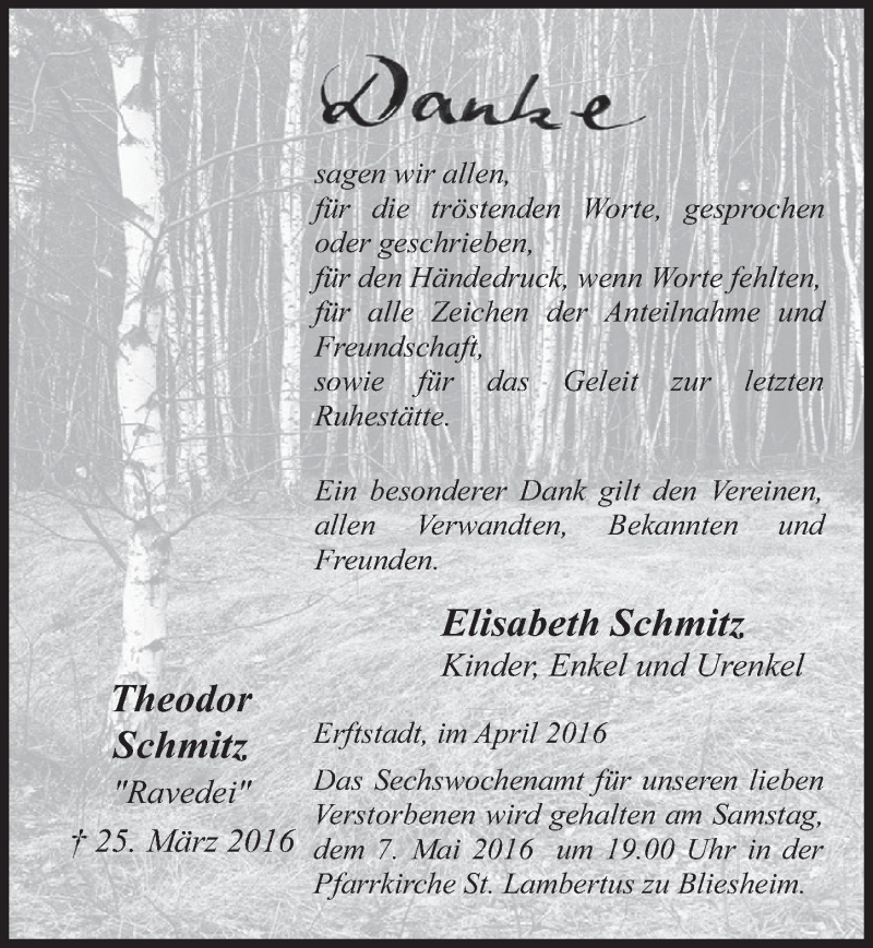  Traueranzeige für Theodor Schmitz vom 04.05.2016 aus  Werbepost 