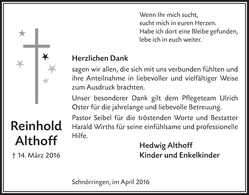  Traueranzeige für Reinhold Althoff vom 04.05.2016 aus  Lokalanzeiger 