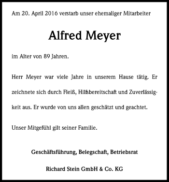 Anzeige von Alfred Meyer von Kölner Stadt-Anzeiger / Kölnische Rundschau / Express