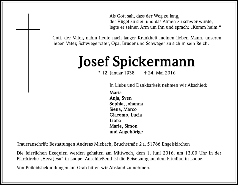  Traueranzeige für Josef Spickermann vom 28.05.2016 aus Kölner Stadt-Anzeiger / Kölnische Rundschau / Express