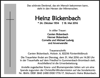 Anzeige von Heinz Bickenbach von Kölner Stadt-Anzeiger / Kölnische Rundschau / Express