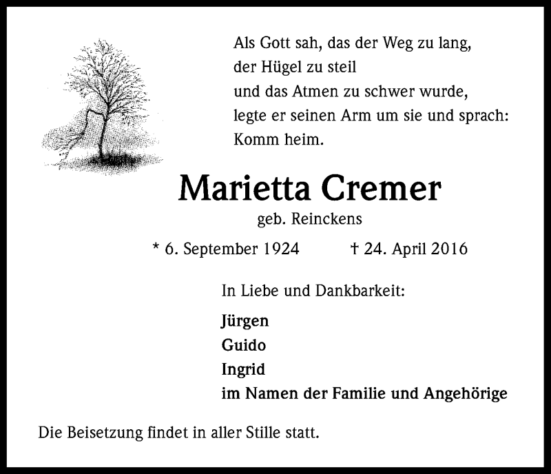  Traueranzeige für Marietta Cremer vom 30.04.2016 aus Kölner Stadt-Anzeiger / Kölnische Rundschau / Express