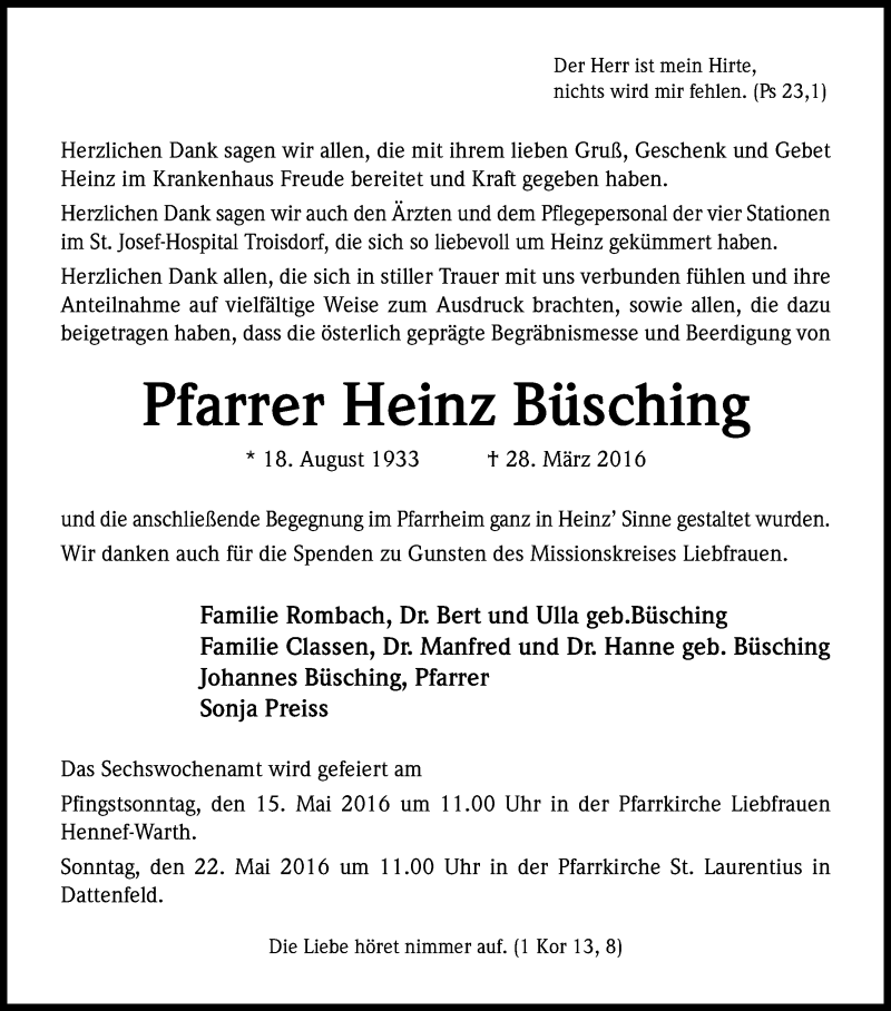  Traueranzeige für Heinz Büsching vom 09.05.2016 aus Kölner Stadt-Anzeiger / Kölnische Rundschau / Express