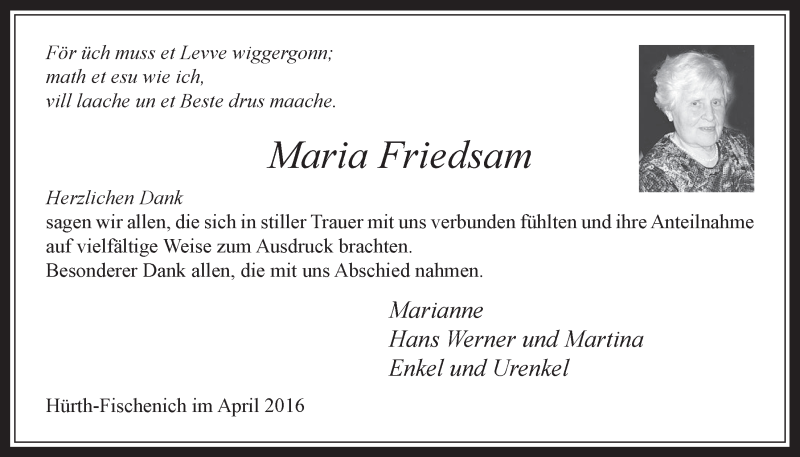  Traueranzeige für Maria Friedsam vom 04.05.2016 aus  Wochenende 