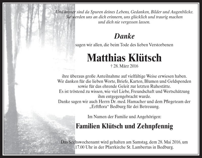  Traueranzeige für Matthias Klütsch vom 25.05.2016 aus  Werbepost 
