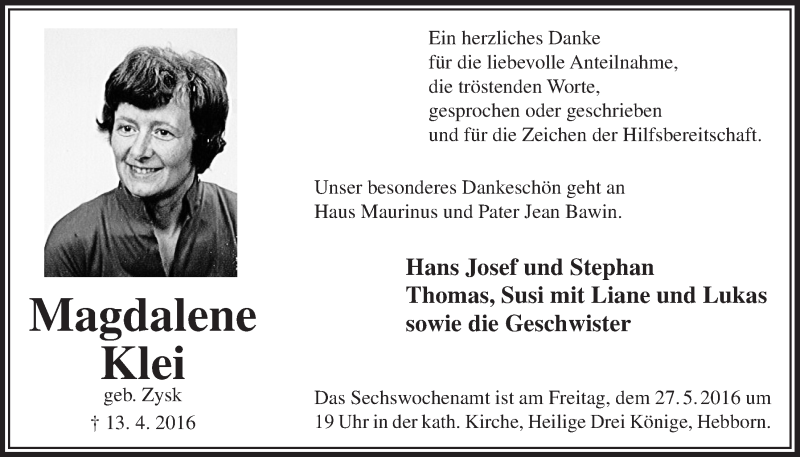  Traueranzeige für Magdalene Klei vom 18.05.2016 aus  Bergisches Handelsblatt 