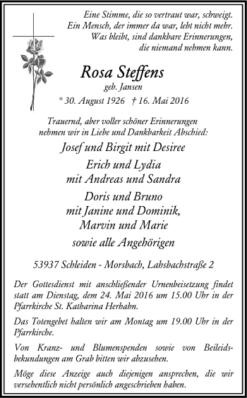 Anzeige von Rosa Steffens von Kölner Stadt-Anzeiger / Kölnische Rundschau / Express