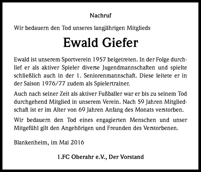  Traueranzeige für Ewald Giefer vom 21.05.2016 aus Kölner Stadt-Anzeiger / Kölnische Rundschau / Express