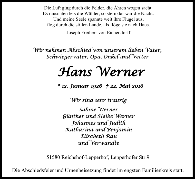  Traueranzeige für Hans Werner vom 28.05.2016 aus Kölner Stadt-Anzeiger / Kölnische Rundschau / Express