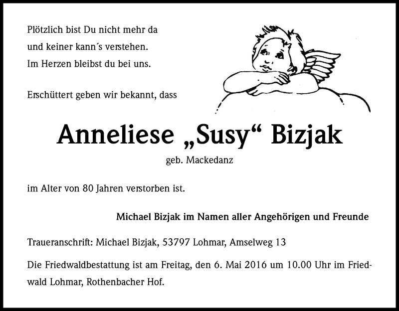  Traueranzeige für Anneliese Bizjak vom 04.05.2016 aus Kölner Stadt-Anzeiger / Kölnische Rundschau / Express