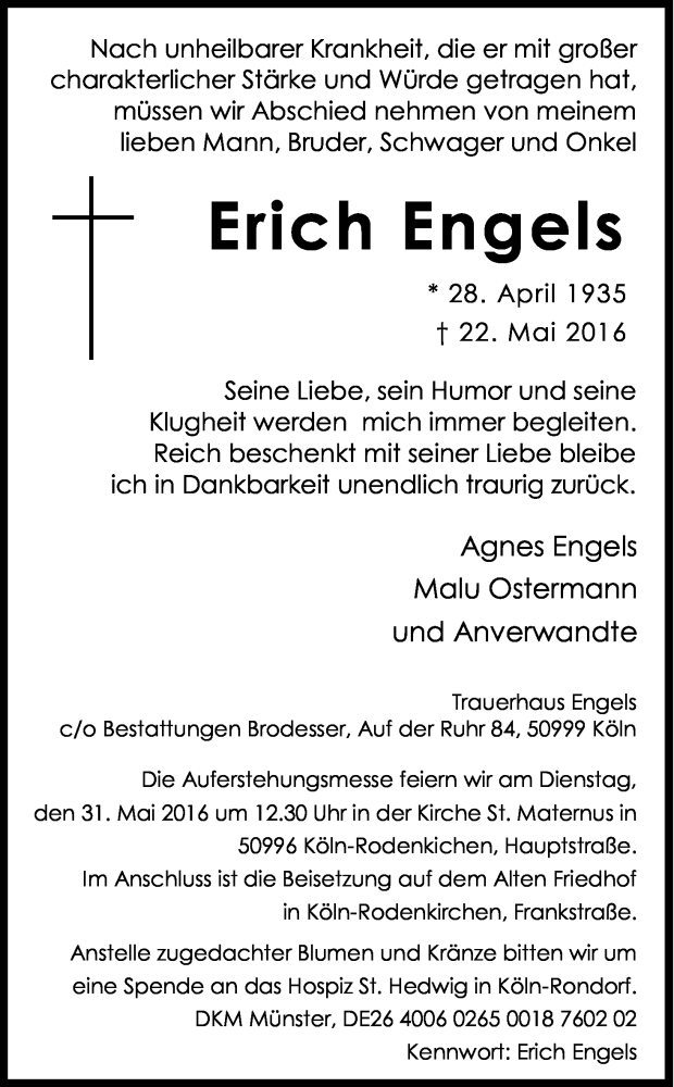  Traueranzeige für Erich Engels vom 28.05.2016 aus Kölner Stadt-Anzeiger / Kölnische Rundschau / Express
