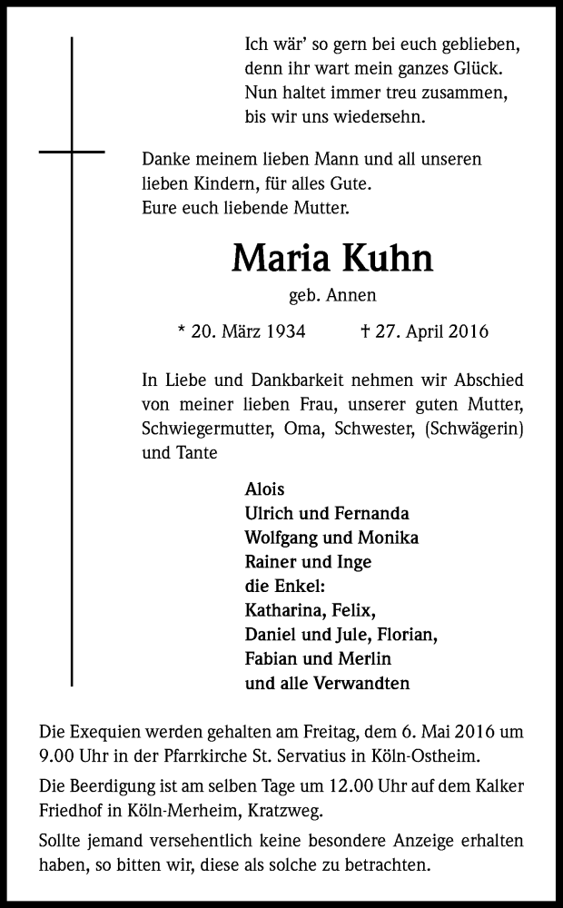  Traueranzeige für Maria Kuhn vom 30.04.2016 aus Kölner Stadt-Anzeiger / Kölnische Rundschau / Express