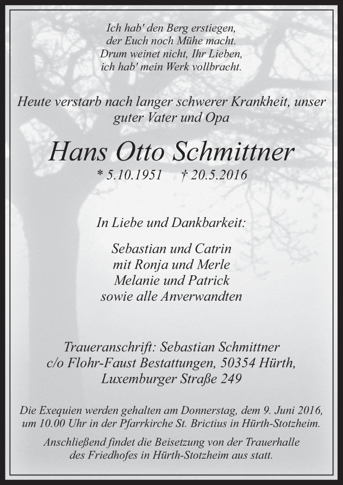  Traueranzeige für Hans Otto Schmittner vom 01.06.2016 aus  Wochenende 