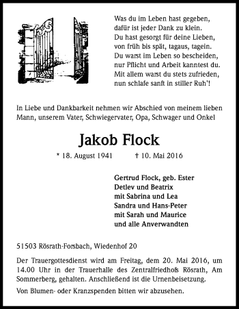 Anzeige von Jakob Flock von Kölner Stadt-Anzeiger / Kölnische Rundschau / Express