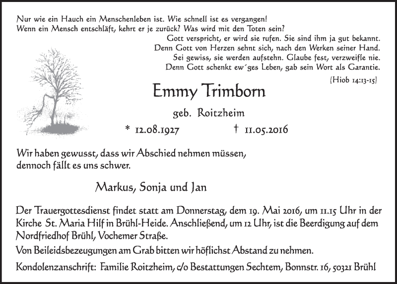  Traueranzeige für Emmy Trimborn vom 18.05.2016 aus  Schlossbote/Werbekurier 