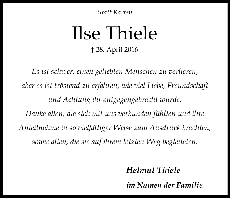 Traueranzeige für Ilse Thiele vom 28.05.2016 aus Kölner Stadt-Anzeiger / Kölnische Rundschau / Express
