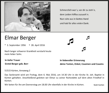 Anzeige von Elmar Berger von Kölner Stadt-Anzeiger / Kölnische Rundschau / Express