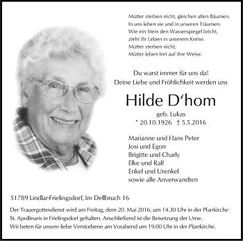 Anzeige von Hilde D´hom von Kölner Stadt-Anzeiger / Kölnische Rundschau / Express