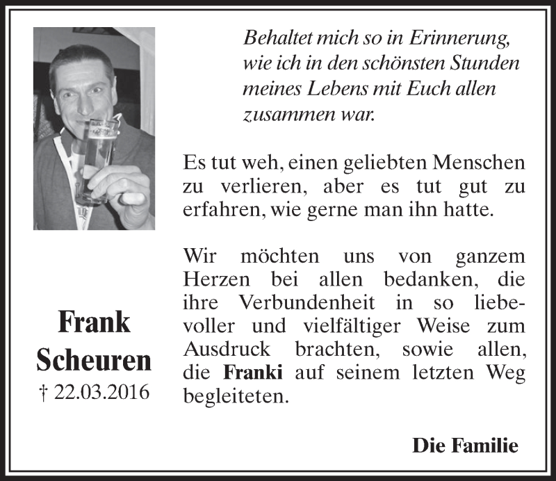  Traueranzeige für Frank Scheuren vom 04.05.2016 aus  Schlossbote/Werbekurier 