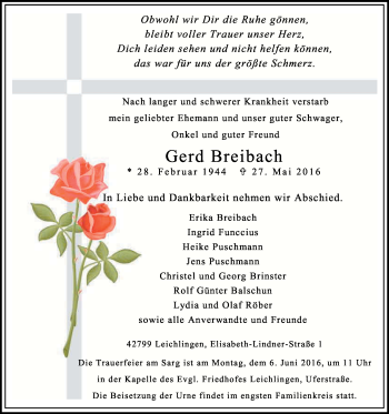 Anzeige von Gerd Breibach von Kölner Stadt-Anzeiger / Kölnische Rundschau / Express