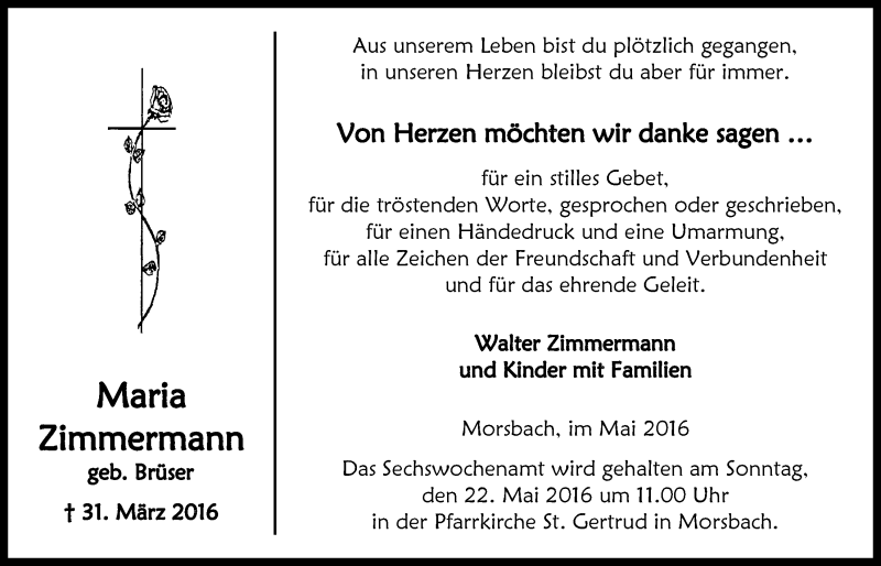  Traueranzeige für Maria Zimmermann vom 18.05.2016 aus  Lokalanzeiger 