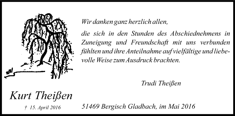 Traueranzeige für Kurt Theißen vom 14.05.2016 aus Kölner Stadt-Anzeiger / Kölnische Rundschau / Express