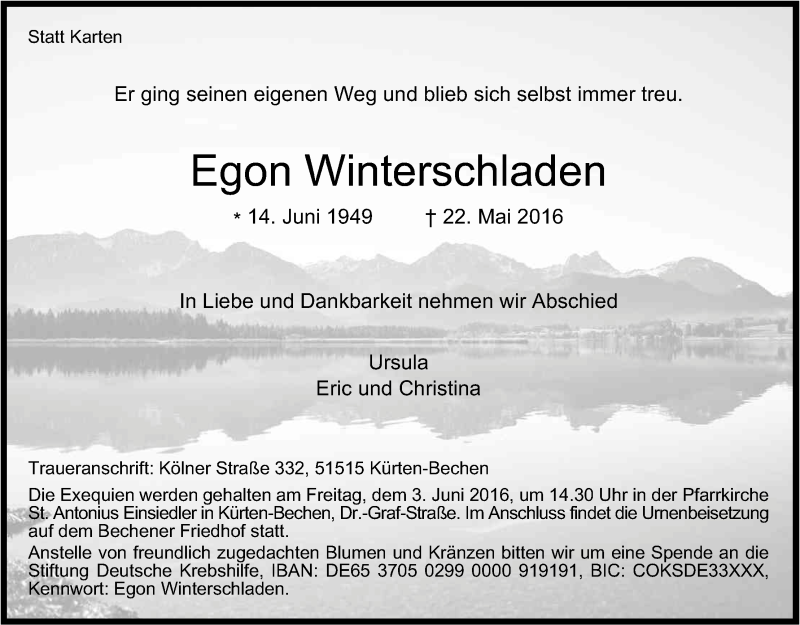  Traueranzeige für Egon Winterschladen vom 28.05.2016 aus Kölner Stadt-Anzeiger / Kölnische Rundschau / Express