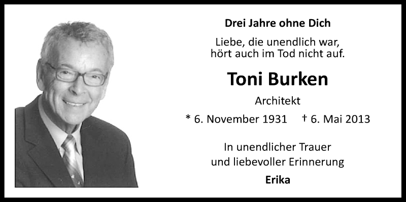  Traueranzeige für Toni Burken vom 04.05.2016 aus  Kölner Wochenspiegel 