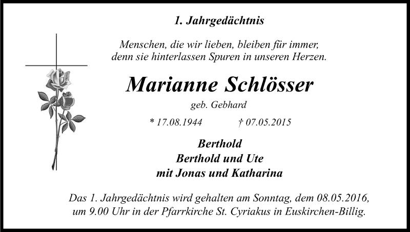  Traueranzeige für Marianne Schlösser vom 03.05.2016 aus Kölner Stadt-Anzeiger / Kölnische Rundschau / Express
