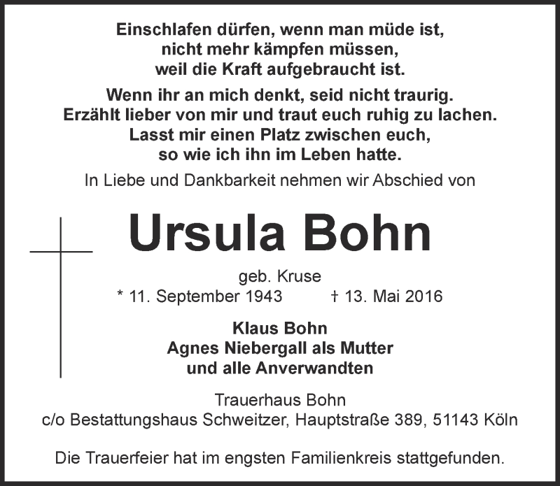  Traueranzeige für Ursula Bohn vom 01.06.2016 aus  Kölner Wochenspiegel 