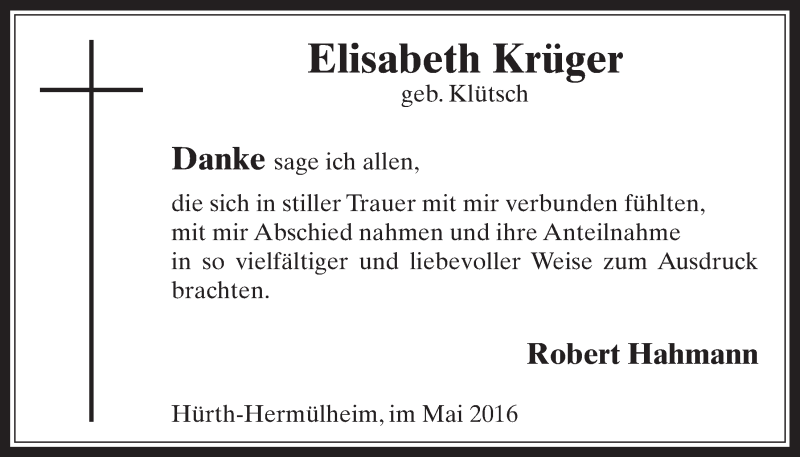  Traueranzeige für Elisabeth Krüger vom 25.05.2016 aus  Wochenende 