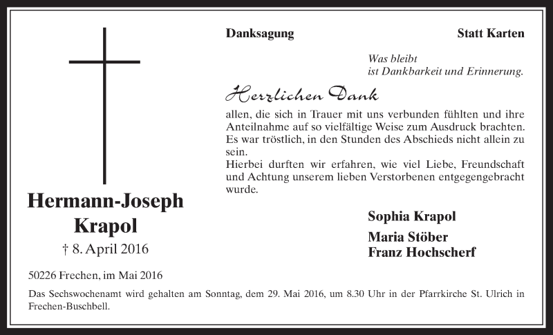  Traueranzeige für Hermann-Joseph Krapol vom 11.05.2016 aus  Wochenende 