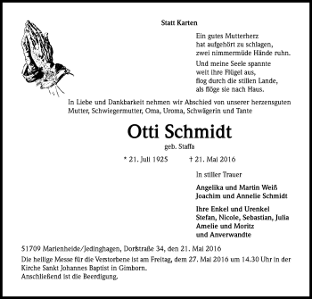 Anzeige von Otti Schmidt von Kölner Stadt-Anzeiger / Kölnische Rundschau / Express