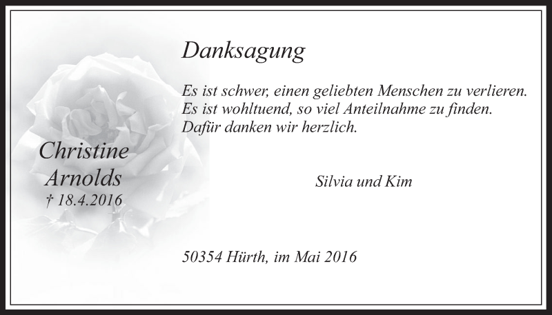  Traueranzeige für Christine Arnolds vom 18.05.2016 aus  Wochenende 
