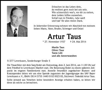 Anzeige von Artur Taus von Kölner Stadt-Anzeiger / Kölnische Rundschau / Express