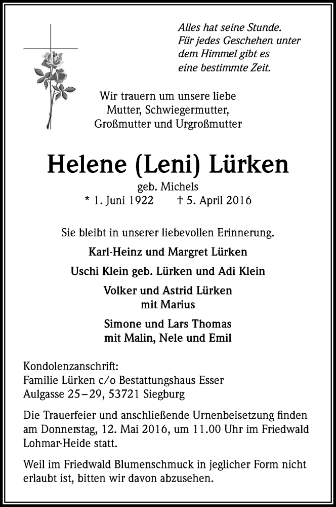  Traueranzeige für Helene  Lürken vom 30.04.2016 aus Kölner Stadt-Anzeiger / Kölnische Rundschau / Express