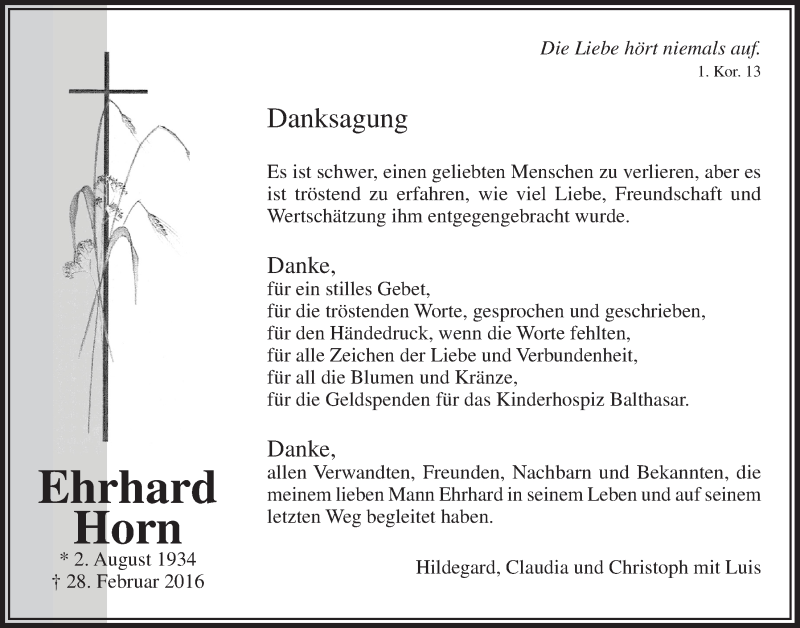  Traueranzeige für Ehrhard Horn vom 18.05.2016 aus  Lokalanzeiger 