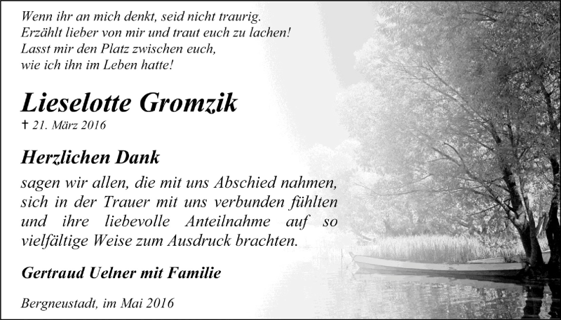  Traueranzeige für Lieselotte Gromzik vom 11.05.2016 aus  Anzeigen Echo 